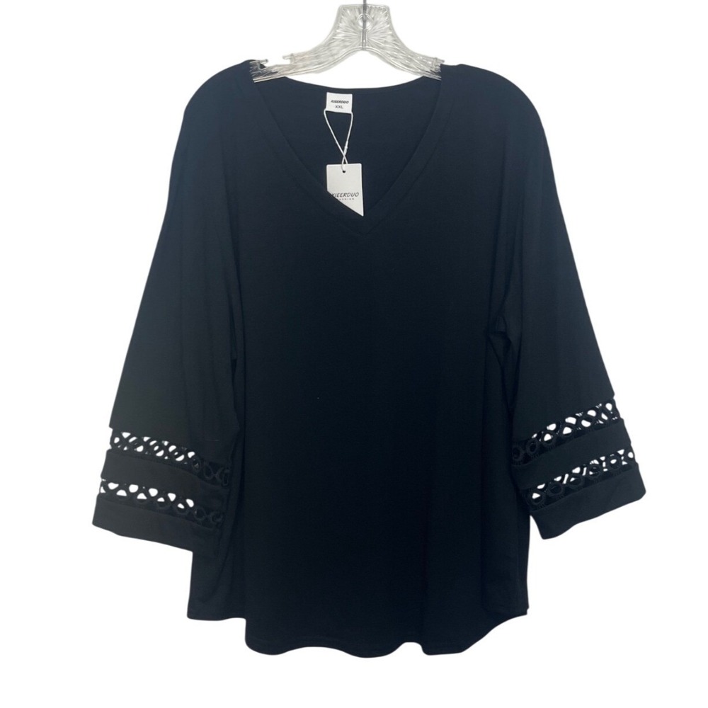 Xieerduo Tunic Top Lace Bell Sleeves Vneck XXL Black New
